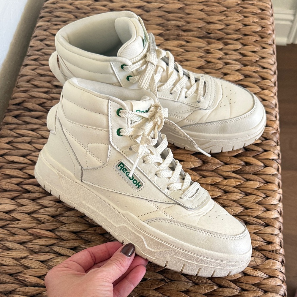 Reebok Off-White High-Top Sneakers with Green Logo Accents Tech Geo